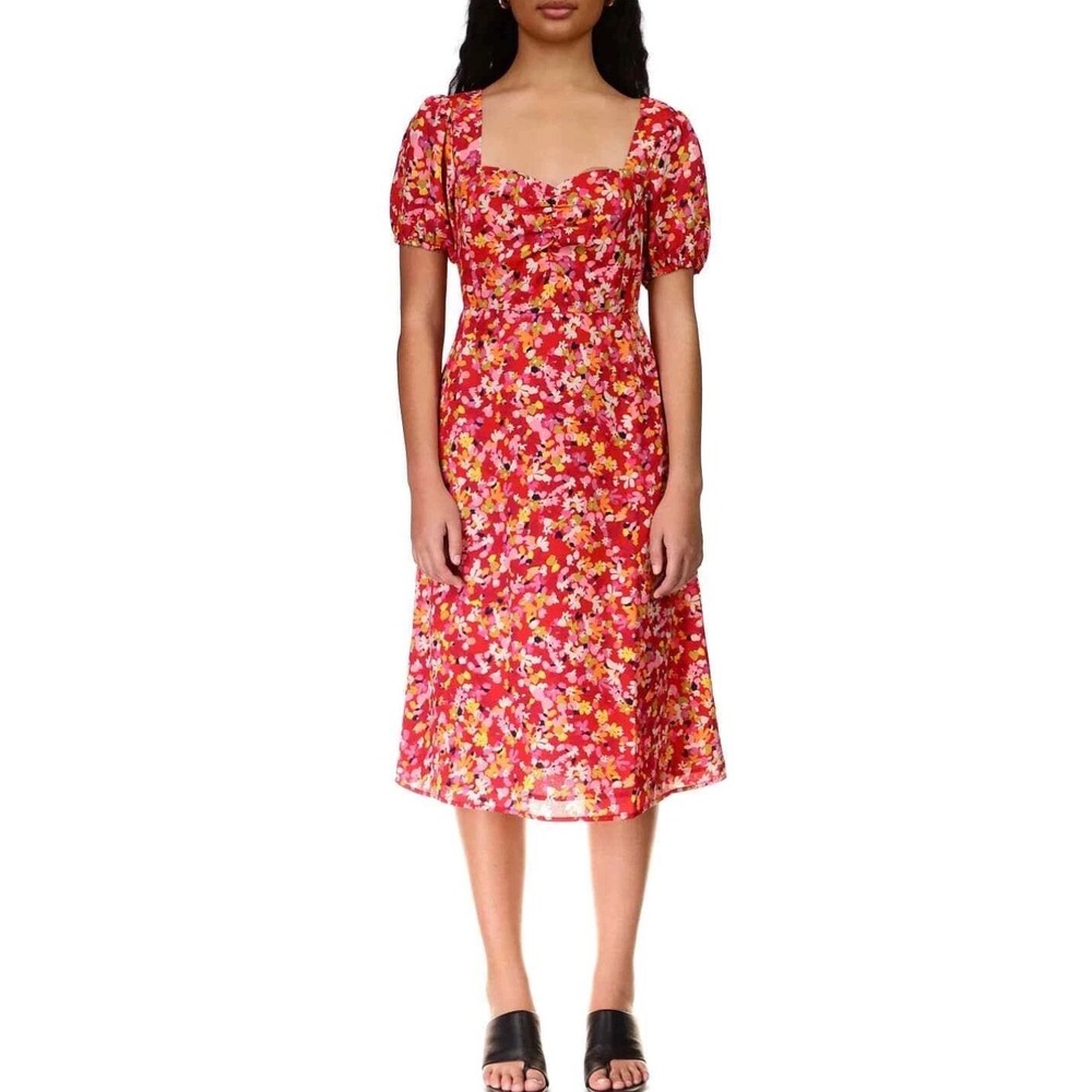 Sanctuary Floral Midi Dress Womens 14 Red Excellent Puff Sleeve Cottagecore